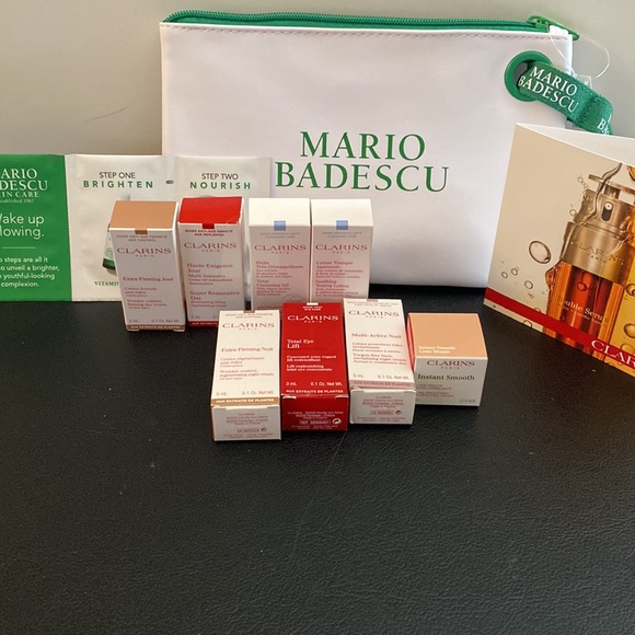 NIB Clarins and Mario Badescu gift set 9 clarins + MB wake up glowing + pouch - Picture 14 of 14